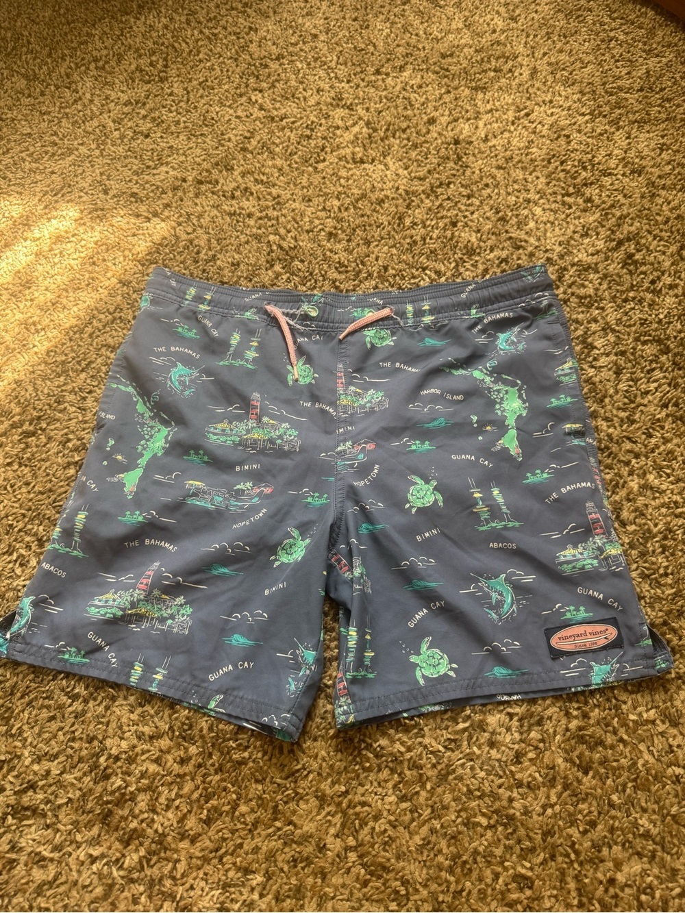 Nautical Print vineyard vines Swim Trunks in Navy with Green Accents